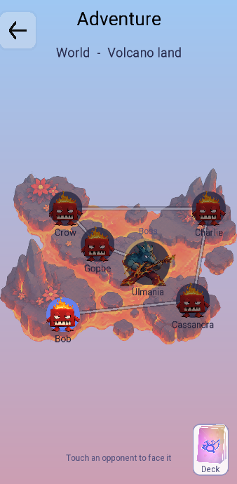 The Adventure map of Volcano land: opponents linked by a path, the first one lit and the rest dark, and the Deck button in the corner.