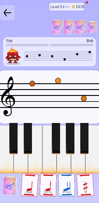 A duel in progress: a draw pile at the top, the two gauges marked You and Bob with the remaining notes drawn between them, the staff to read, the piano keyboard, and a hand of four cards.
