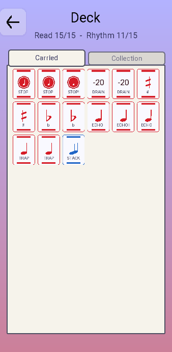 The Deck screen on the Carried tab, showing the reading and rhythm counters and the cards currently carried.