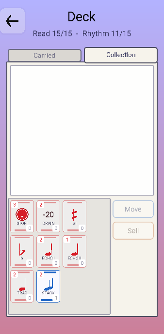 The Deck screen on the Collection tab: the cards owned but not carried, each with a count, and the Move and Sell buttons.