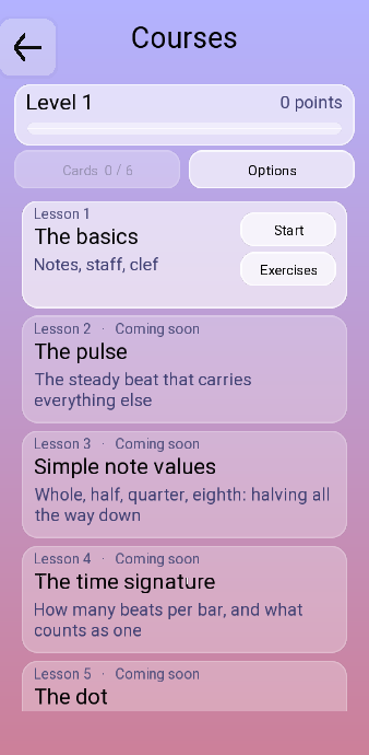The course list: a level and points bar, a Cards button and an Options button, then the lessons one under the other. The first carries Start and Exercises; the ones below say Coming soon.