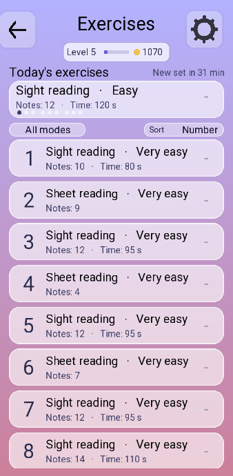 The exercises screen: the settings gear at the top right, level and points under it, then today's exercises as a card with nine dots below it, and the numbered list under a mode filter and a sort control.