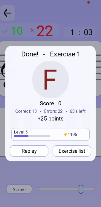 The end of an exercise: the counters and the clock still showing above a panel that holds the rank in a circle, the score, what it was made of, the points earned, the level bar, and two buttons.
