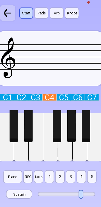 Free Play on the Staff tab: an empty staff with a treble clef, the octave strip from C1 to C7 with C4 selected, the keyboard, and a row with the instrument, REC, Loop, five numbered slots, Sustain and a volume slider.