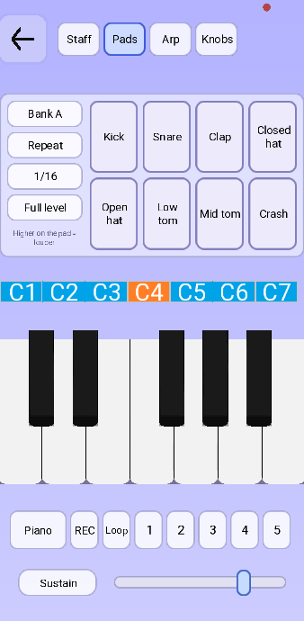 Free Play on the Pads tab: eight drum pads — kick, snare, clap, closed hat, open hat, low tom, mid tom, crash — beside a Bank A, Repeat, 1/16 and Full level column.