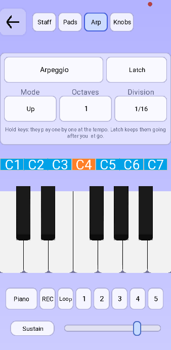 Free Play on the Arp tab: an Arpeggio button, a Latch button, and Mode, Octaves and Division settings.