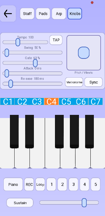 Free Play on the Knobs tab: sliders for tempo, swing, gate, attack and release, a TAP button, a pitch and vibrato pad, and Metronome and Sync buttons.