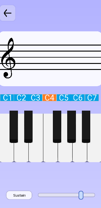 Free Play: an empty staff, an octave selector from C1 to C7, and a piano keyboard.