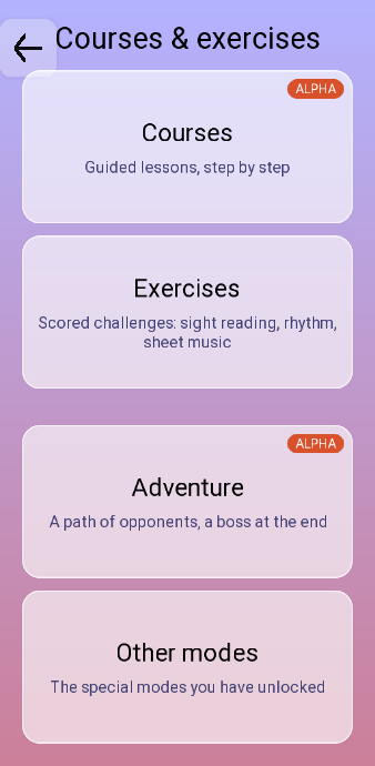 The Courses and exercises hub: Courses and Adventure each with an ALPHA badge, Exercises, and Other modes.