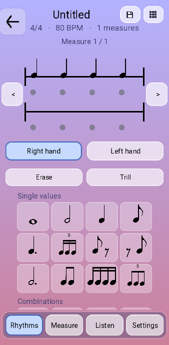 The rhythm maker editor: two staves with four quarter notes on the top one, a right hand and left hand selector, Erase and Trill buttons, a palette of rhythmic figures, and four tabs at the bottom.