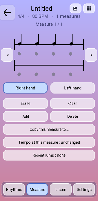 The Measure tab: Erase, Clear, Add, Delete, Copy this measure to, Tempo at this measure, and Repeat jump.