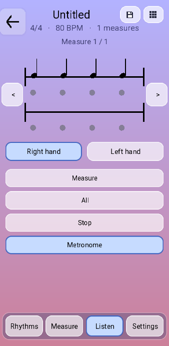 A Listen tab with Measure, All, Stop and Metronome buttons.