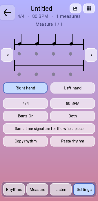The Settings tab: time signature, tempo, Beats On, Both, Same time signature for the whole piece, Copy rhythm and Paste rhythm.