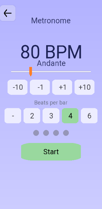 The metronome screen: 80 BPM marked Andante, a slider, minus ten, minus one, plus one and plus ten buttons, a beats-per-bar row and a Start button.