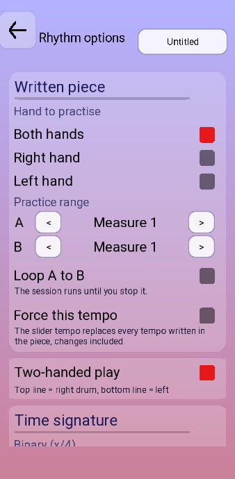 The top of the rhythm options: Written piece, Hand to practise with Both hands selected, a practice range with A and B measure selectors, Loop A to B, Force this tempo, and Two-handed play.