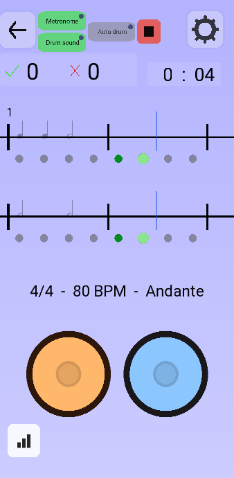 The rhythm screen mid-session: two staves of eighth notes, a blue playhead crossing the bar, green beat dots, and two round drums at the bottom.