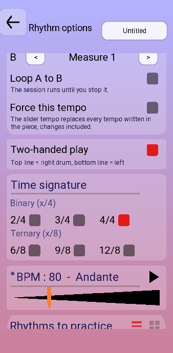 Rhythm options showing Two-handed play, the time signature choices in binary and ternary, and the BPM slider drawn as a metronome wedge.