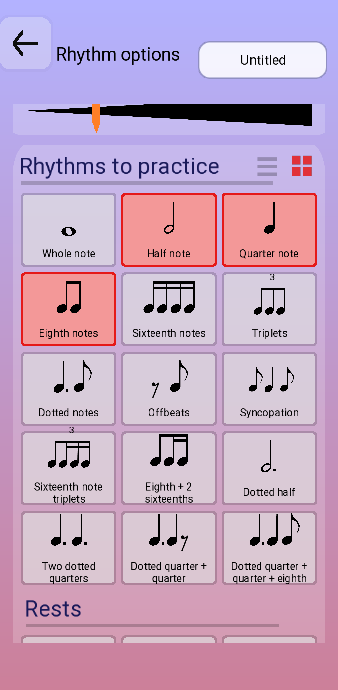 The rhythms grid: whole note, half note, quarter note, eighth notes, sixteenth notes, triplets, dotted notes, offbeats, syncopation and more, each drawn as real notation, with the selected ones highlighted.