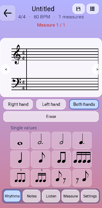 A new score: an empty grand staff with treble and bass clefs in 4/4, hand selector, and a palette of rhythmic figures under the Rhythms tab.