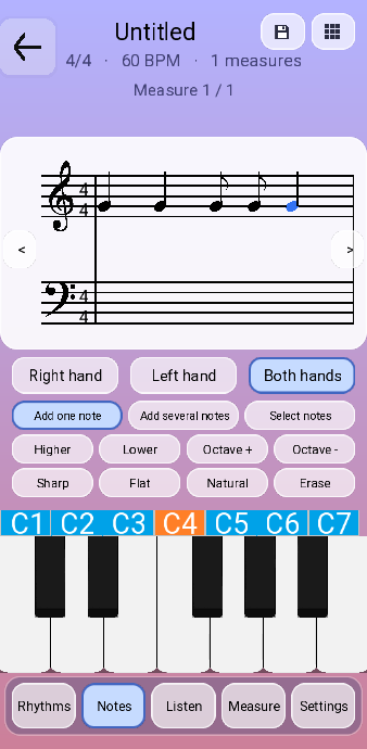The score maker Notes tab: a grand staff with five notes in the treble, the three input modes, Higher, Lower, Octave plus and minus, Sharp, Flat, Natural, Erase, an octave strip from C1 to C7, and a piano keyboard.