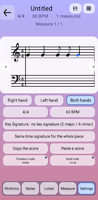 The score maker Settings tab: 4/4, 60 BPM, Key Signature set to no key signature, Same time signature for the whole piece, Copy and Paste the score, and Previous note and Next note MIDI assignments.