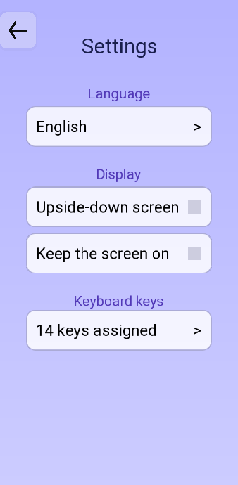 The Settings screen: Language set to English, Display with upside-down screen and keep the screen on, and Keyboard keys showing 14 keys assigned.