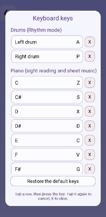 The Keyboard keys screen, listing the left and right drum and the twelve piano keys with their assigned keyboard letters.