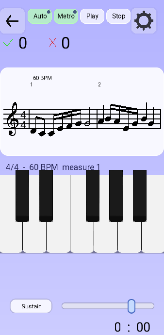 The sheet music reading screen: a treble staff with two bars of real notation in 4/4 at 60 BPM, a piano keyboard below, Auto, Metro, Play and Stop buttons at the top.