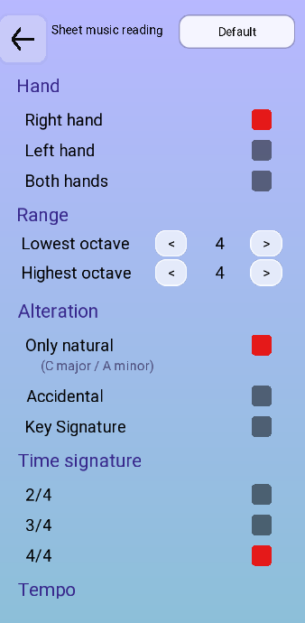 Sheet music reading options: Hand with right, left and both; Range with lowest and highest octave; Alteration with only natural, accidental and key signature; and the time signature choices.