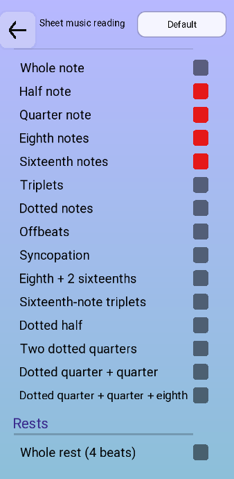 The rhythmic figures available in sheet music reading, from whole notes to sixteenth-note triplets, with half, quarter, eighth and sixteenth notes selected.