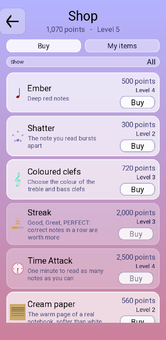 The shop on the Buy tab: points and level at the top, the Buy and My items tabs, then the items with their price, the level they need and a Buy button.