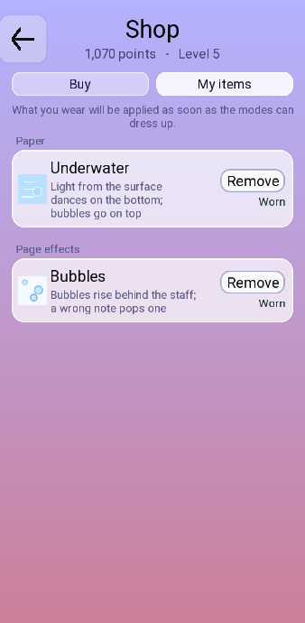 The My items tab: two items of different kinds, each worn, with a Remove button and a Worn tag.