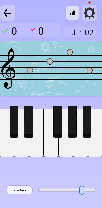 Sight reading with the Underwater paper and the Bubbles effect worn together: the staff sits on a pool-blue page and bubbles rise behind it.