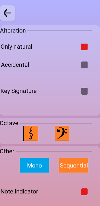 Sight reading options: Alteration with Only natural, Accidental and Key Signature; an Octave section with a treble and a bass clef button; Mono and Sequential; and a Note Indicator switch.