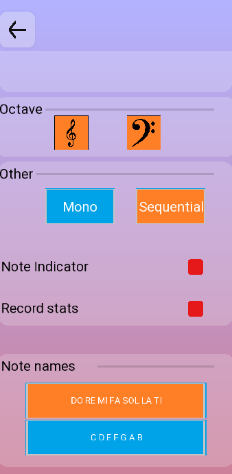 The lower half of the sight reading options: Note Indicator, Record stats, and a Note names choice between DO RE MI FA SOL LA TI and C D E F G A B.