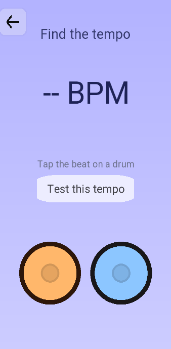 The Find the tempo screen: a large BPM readout showing dashes, the hint tap the beat on a drum, a Test this tempo button, and the two drums.