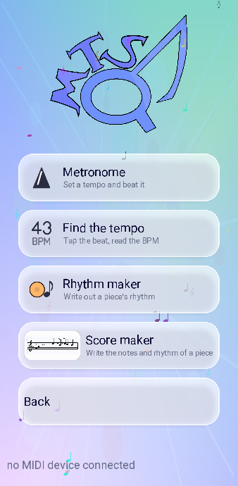 The Tools page: Metronome, Find the tempo, Rhythm maker and Score maker.