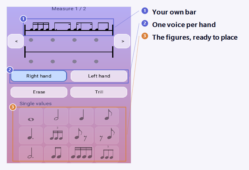 The rhythm editor: two bars being written at 40 BPM, a right-hand and left-hand voice selector, and the palette of note figures ready to place
